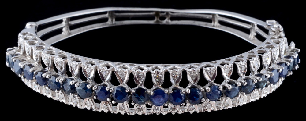 A&S 14K White Gold Blue Sapphire and Diamond Hinged Bracelet