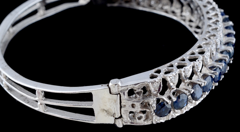 A&S 14K White Gold Blue Sapphire and Diamond Hinged Bracelet