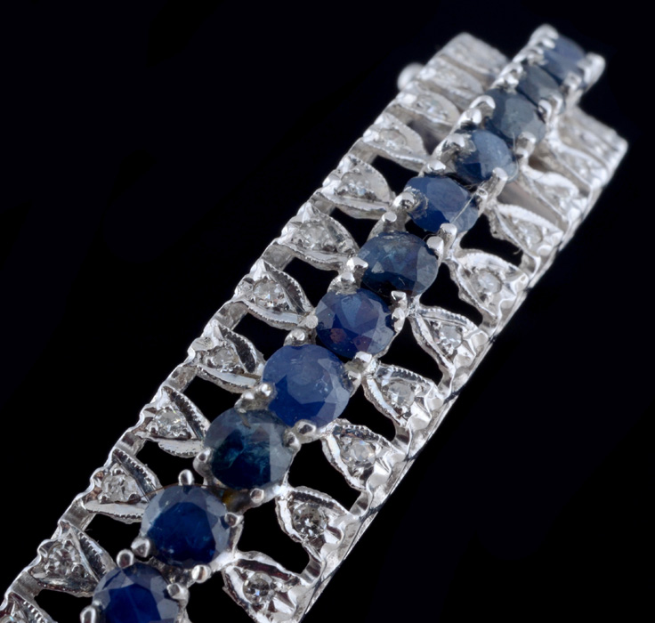 A&S 14K White Gold Blue Sapphire and Diamond Hinged Bracelet