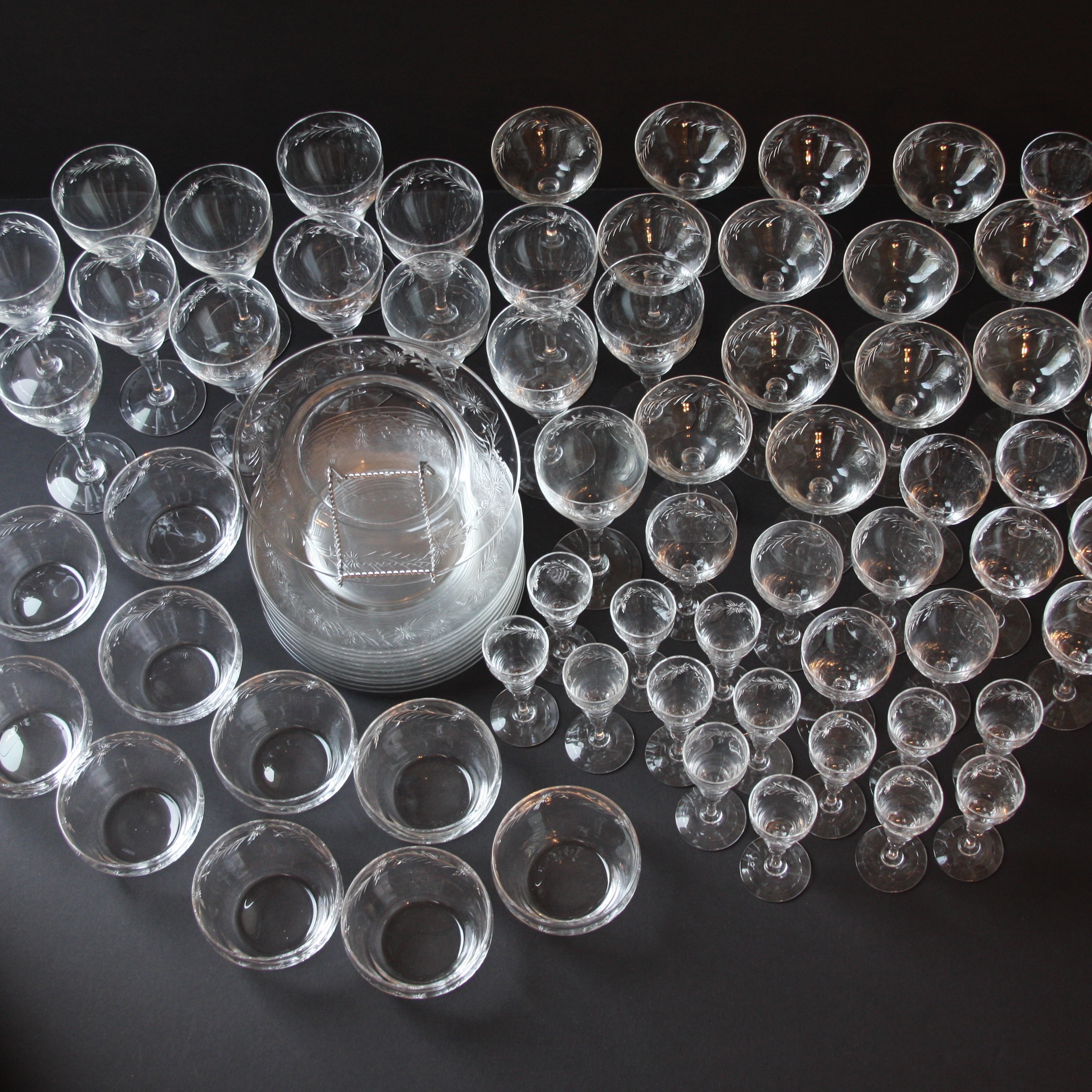 Large Set of Vintage Hawkes "Marcella" Crystal Stemware with Matching Bowls and Glass Plates