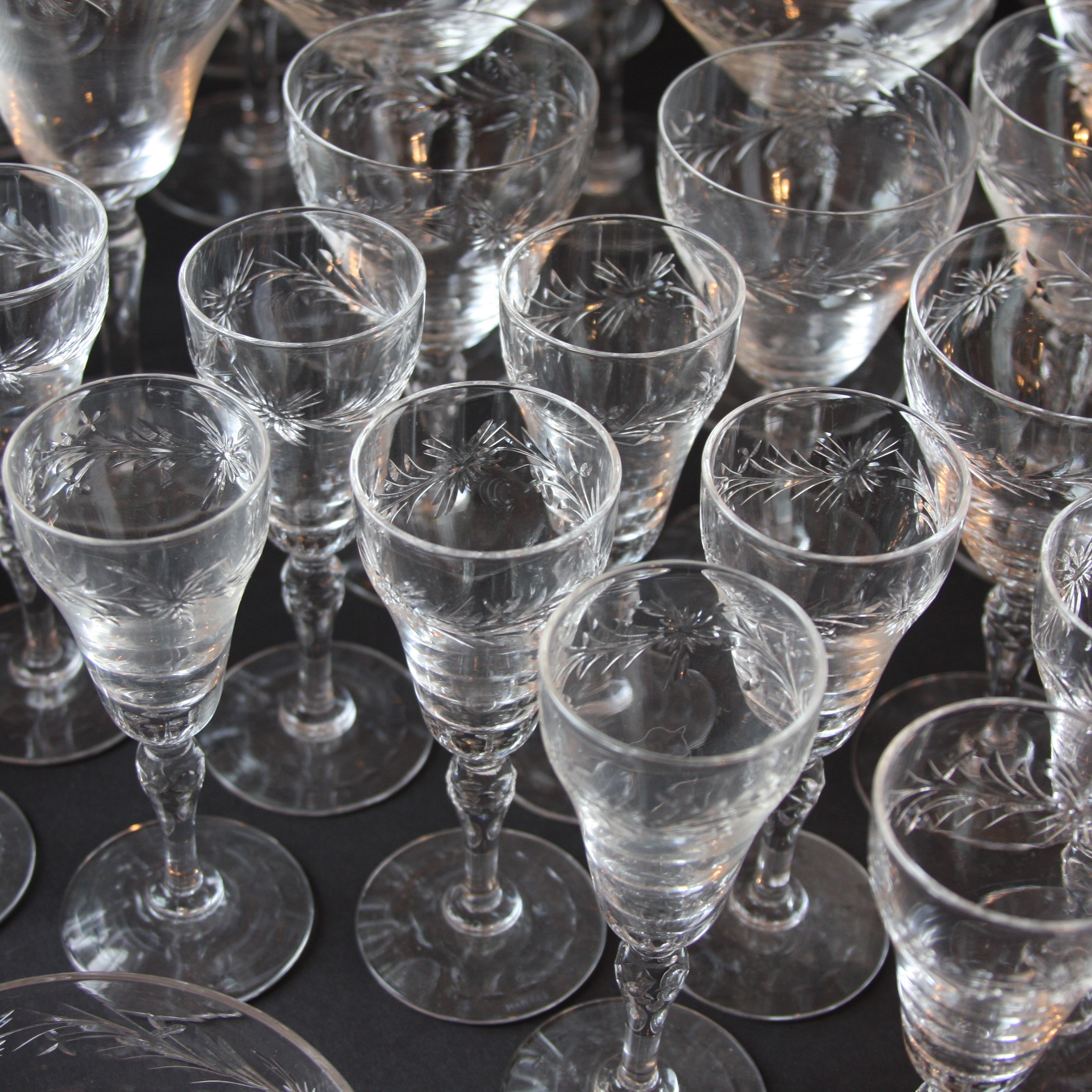 Large Set of Vintage Hawkes "Marcella" Crystal Stemware with Matching Bowls and Glass Plates