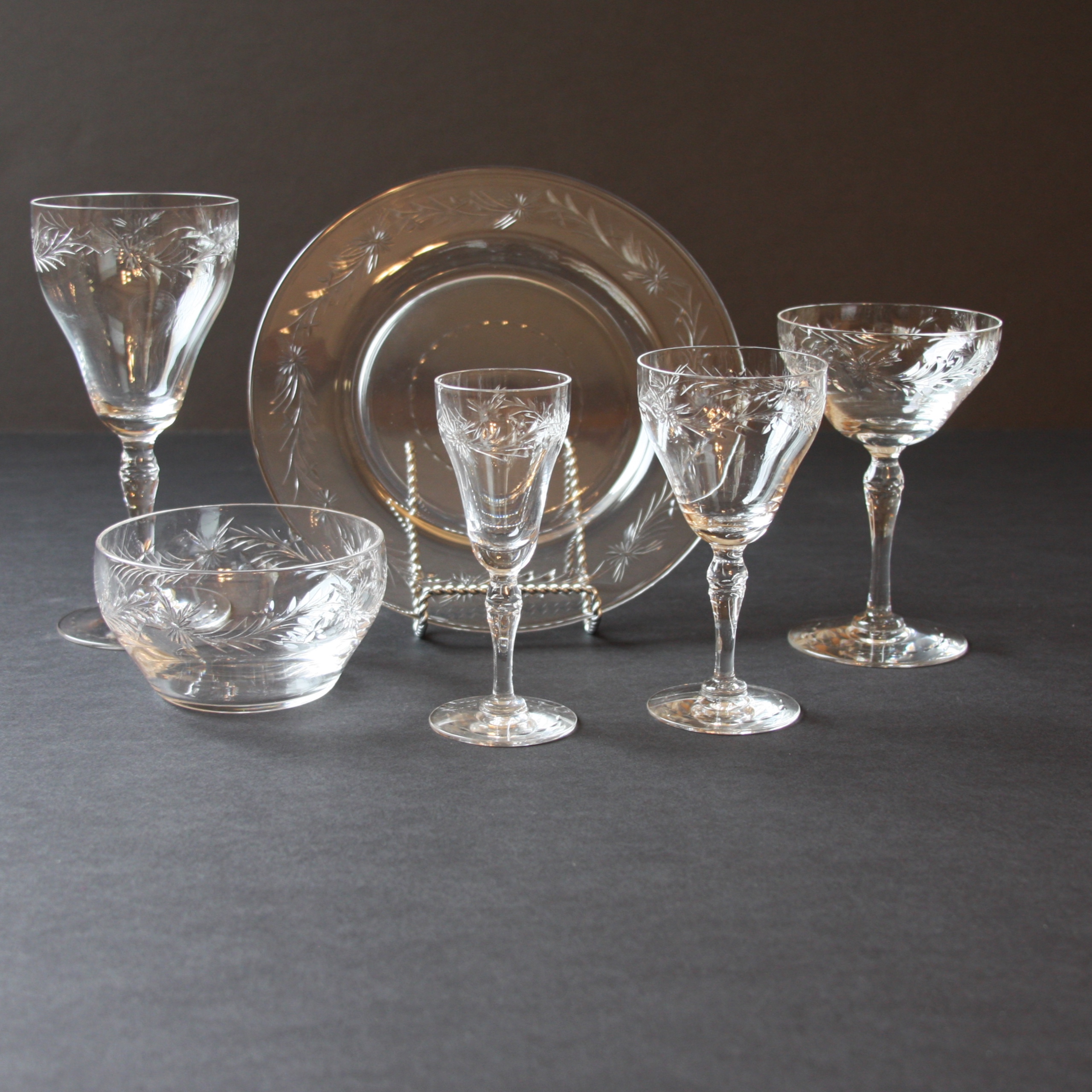 Large Set of Vintage Hawkes "Marcella" Crystal Stemware with Matching Bowls and Glass Plates
