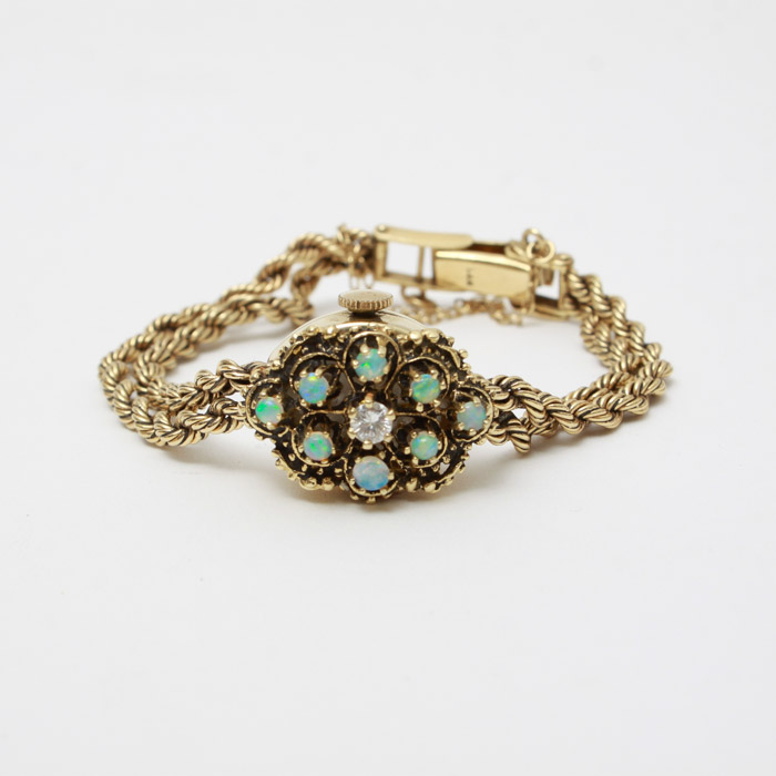 Women's 14K Gold Diamond and Opal Bracelet Watch
