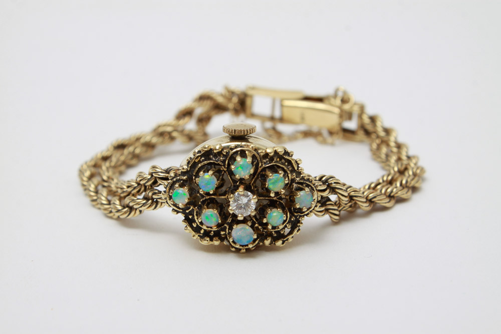 Women's 14K Gold Diamond and Opal Bracelet Watch