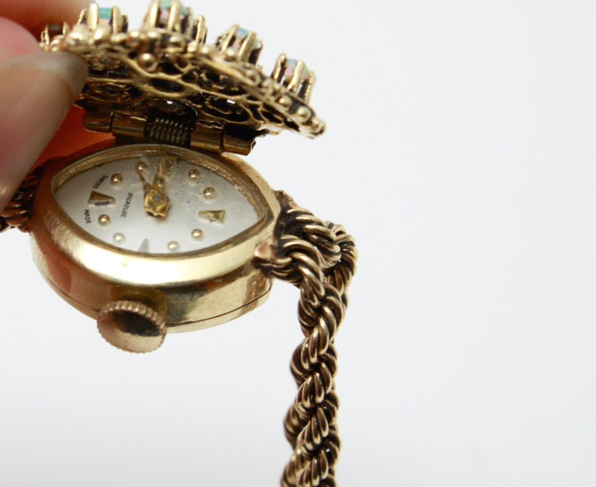 Women's 14K Gold Diamond and Opal Bracelet Watch