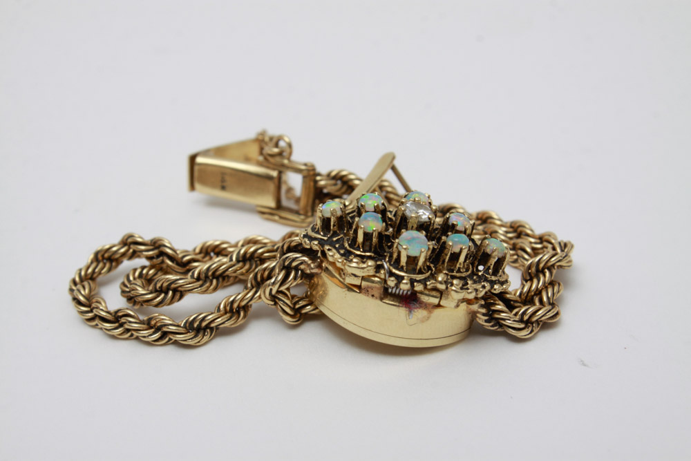 Women's 14K Gold Diamond and Opal Bracelet Watch
