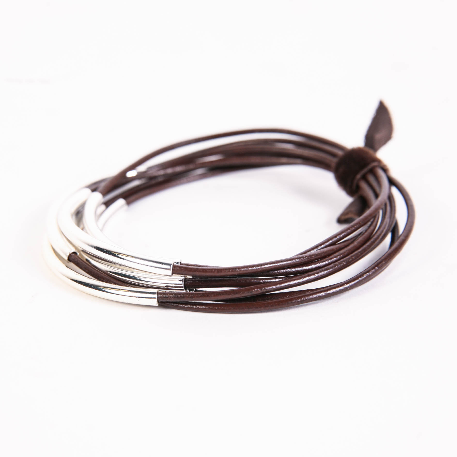 Brown Leather Bracelets With Silver-Tone Accents
