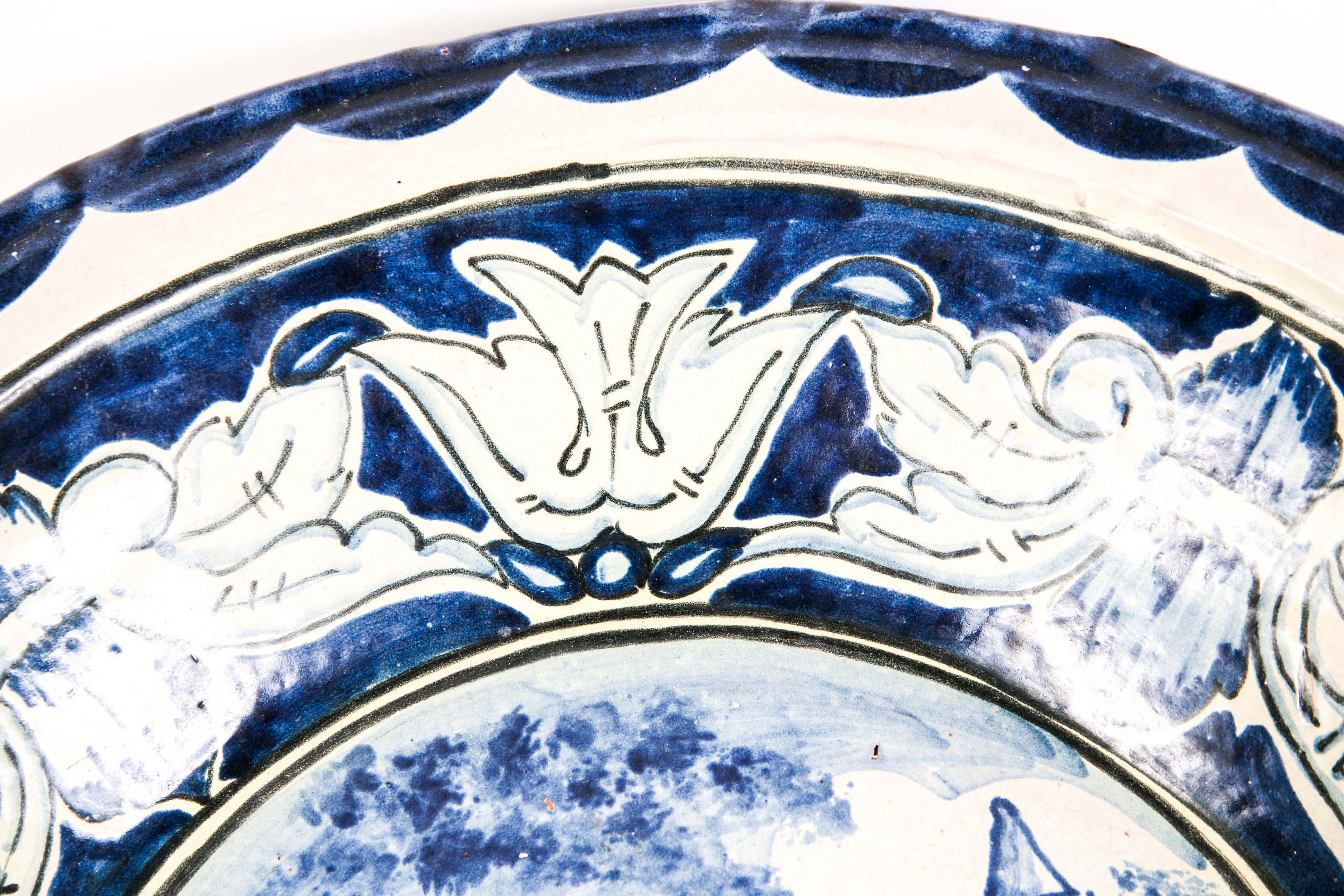 Oversized Blue and Ivory Pottery Bowl