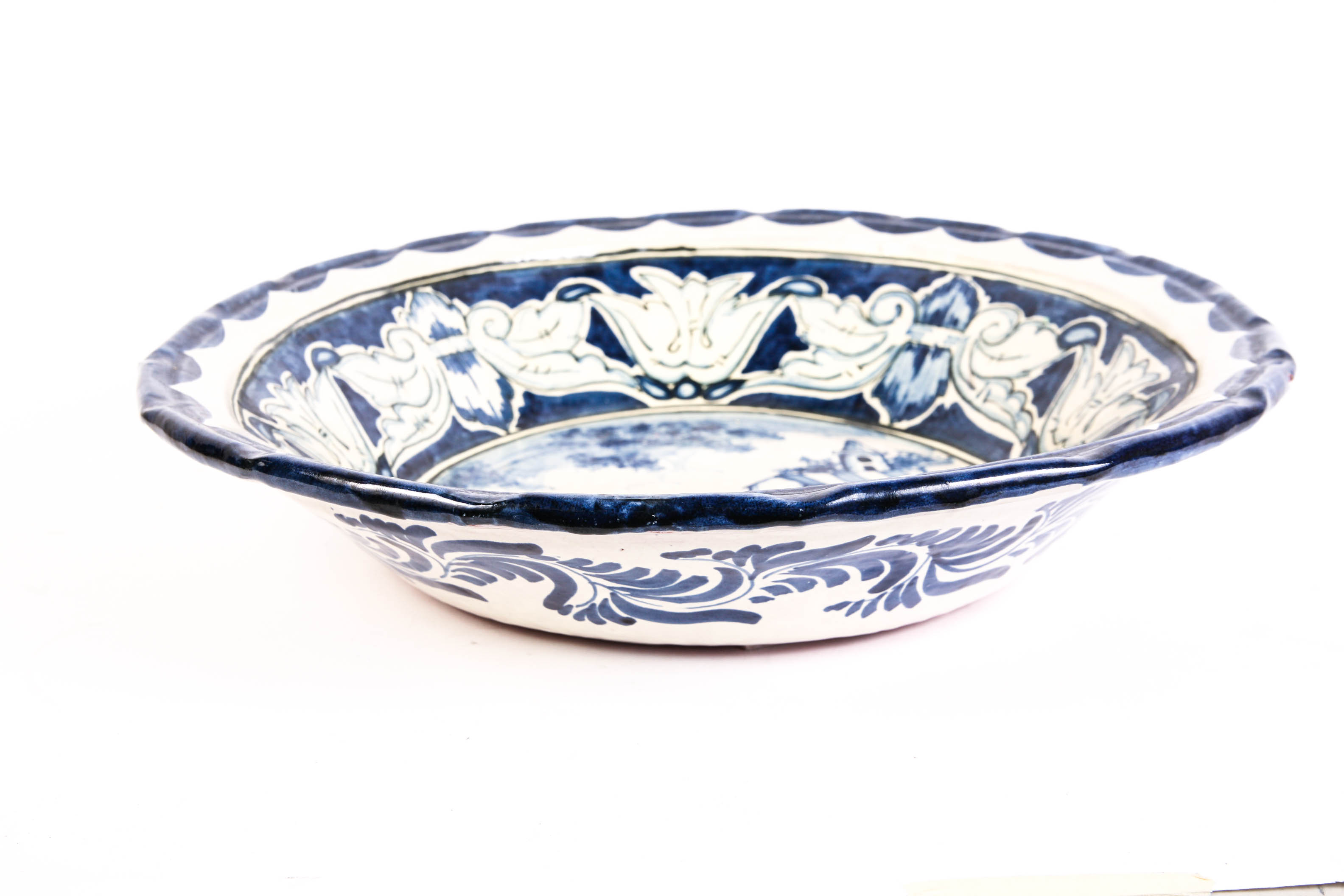 Oversized Blue and Ivory Pottery Bowl