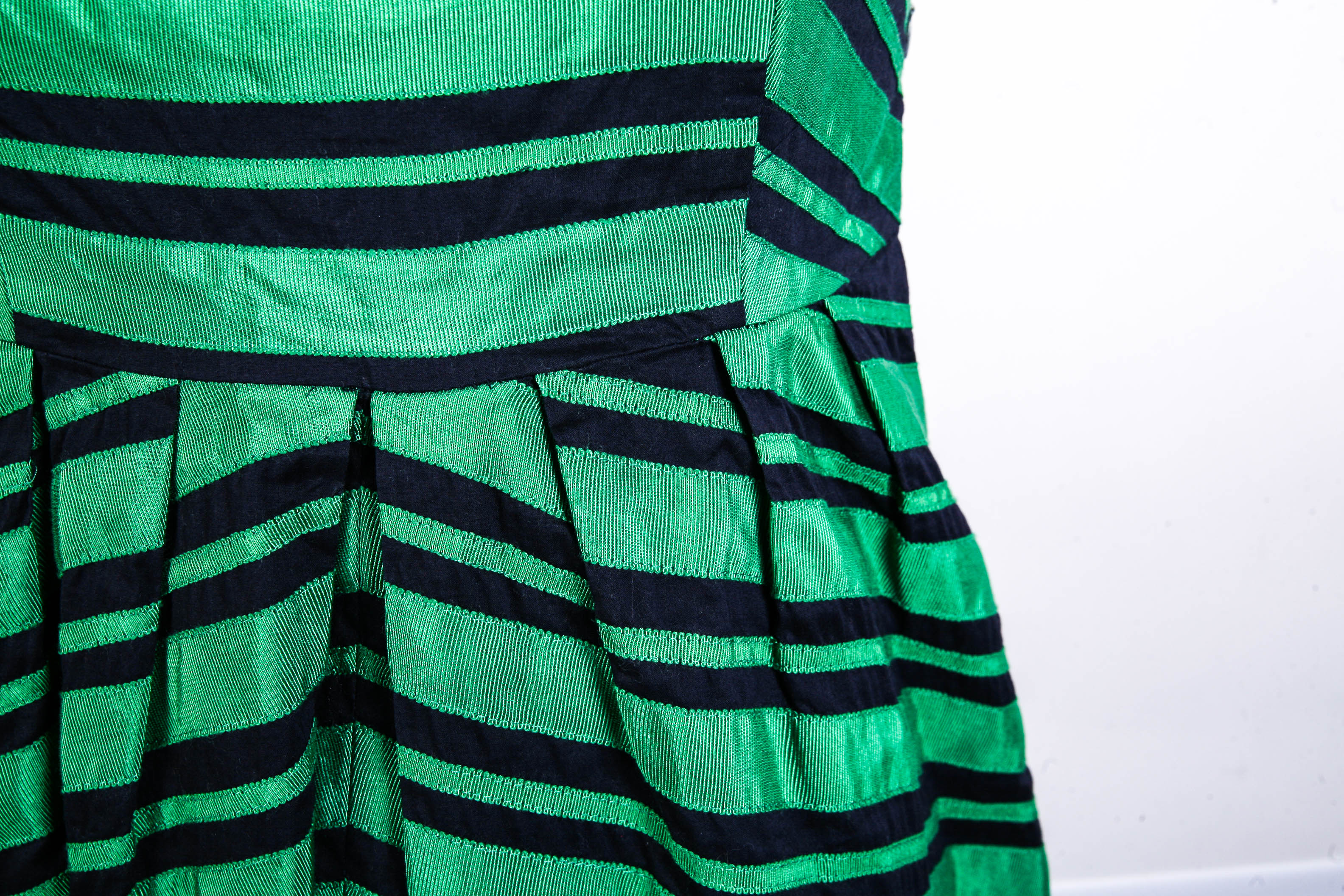 Moulinette Soeurs Kelly Green and Navy Grosgrain Ribbon Striped Party Dress