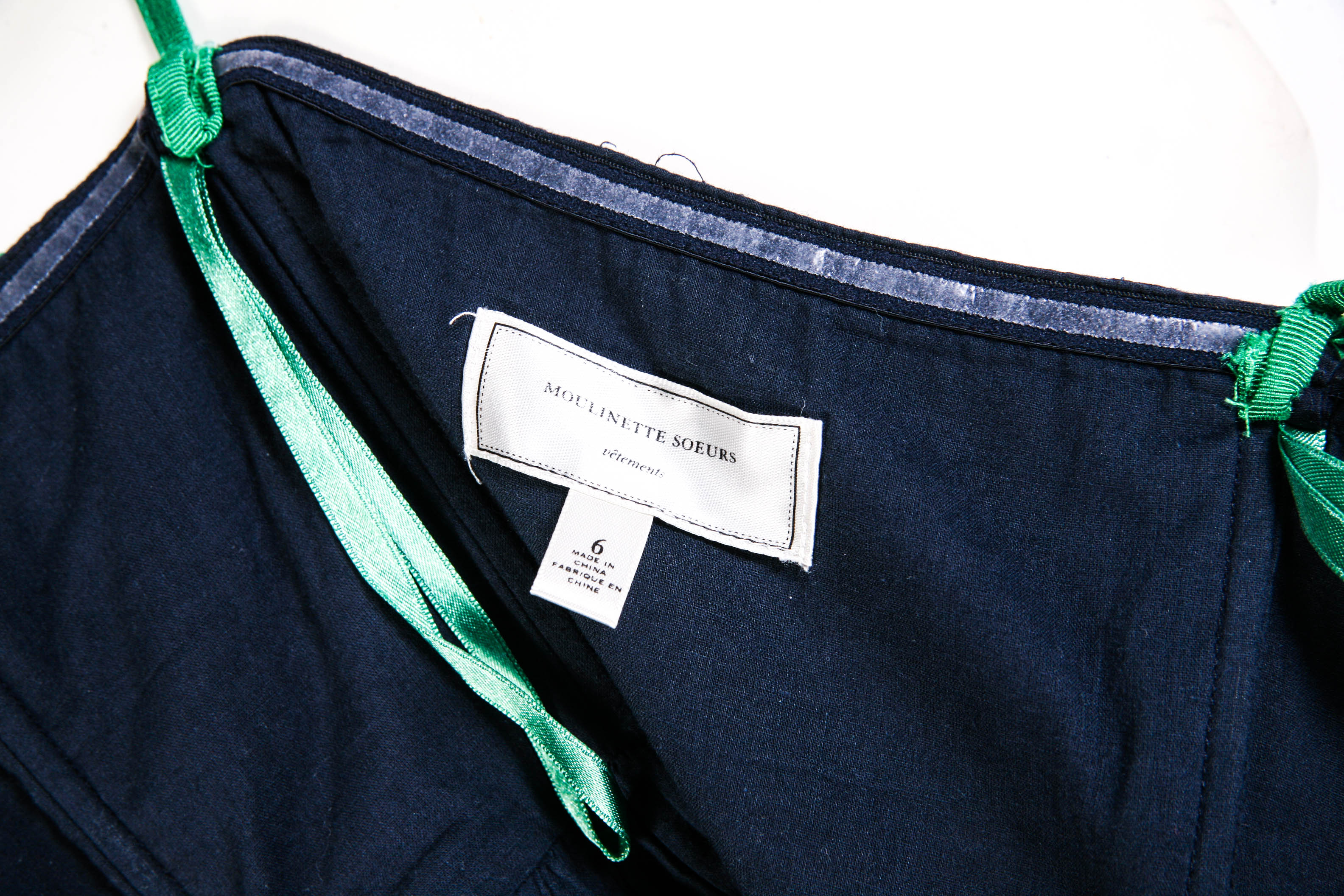 Moulinette Soeurs Kelly Green and Navy Grosgrain Ribbon Striped Party Dress