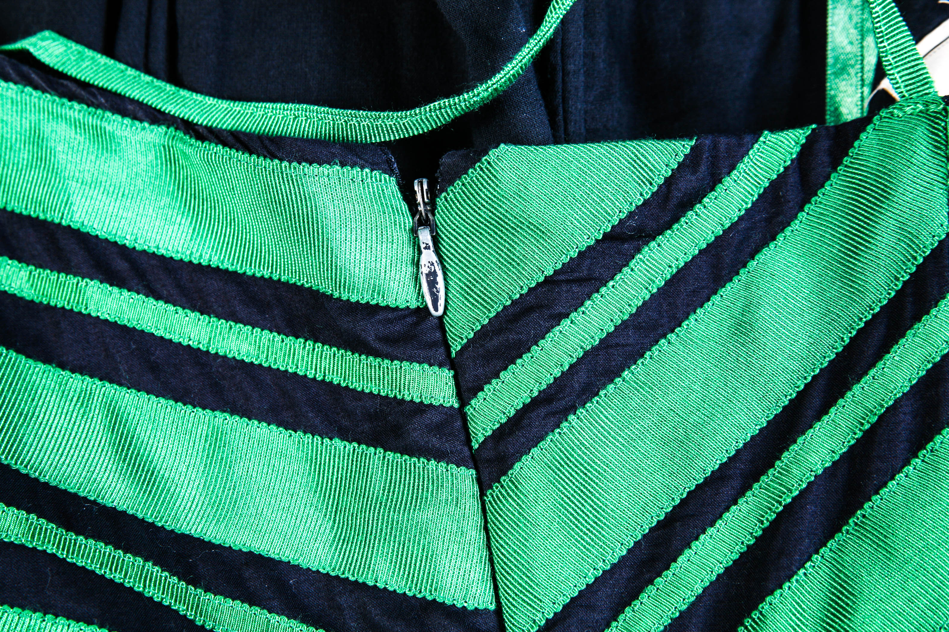 Moulinette Soeurs Kelly Green and Navy Grosgrain Ribbon Striped Party Dress