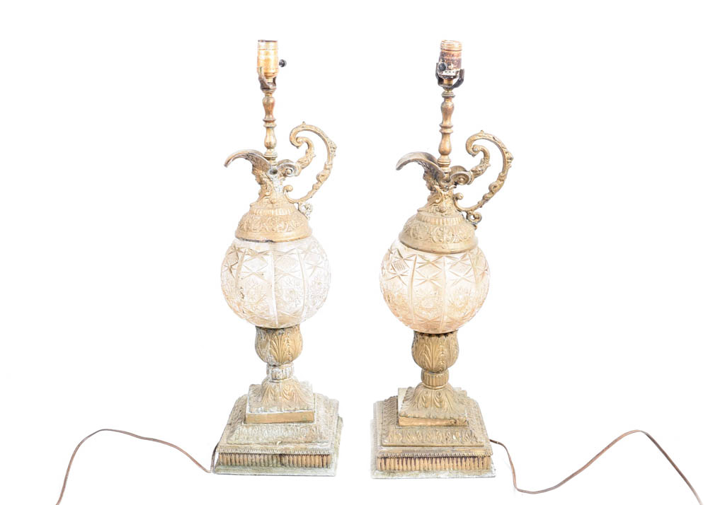 Pair of Vintage Brass and Cut Glass Globe Lamps