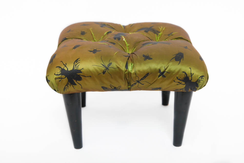 Upholstered Footstool With Insect Pattern Fabric