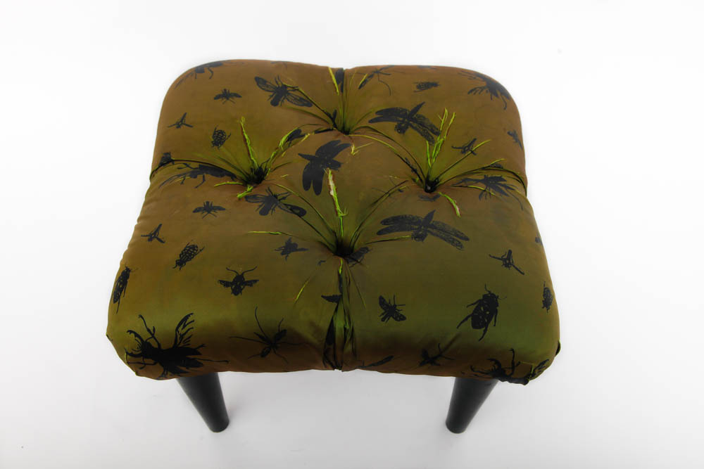 Upholstered Footstool With Insect Pattern Fabric