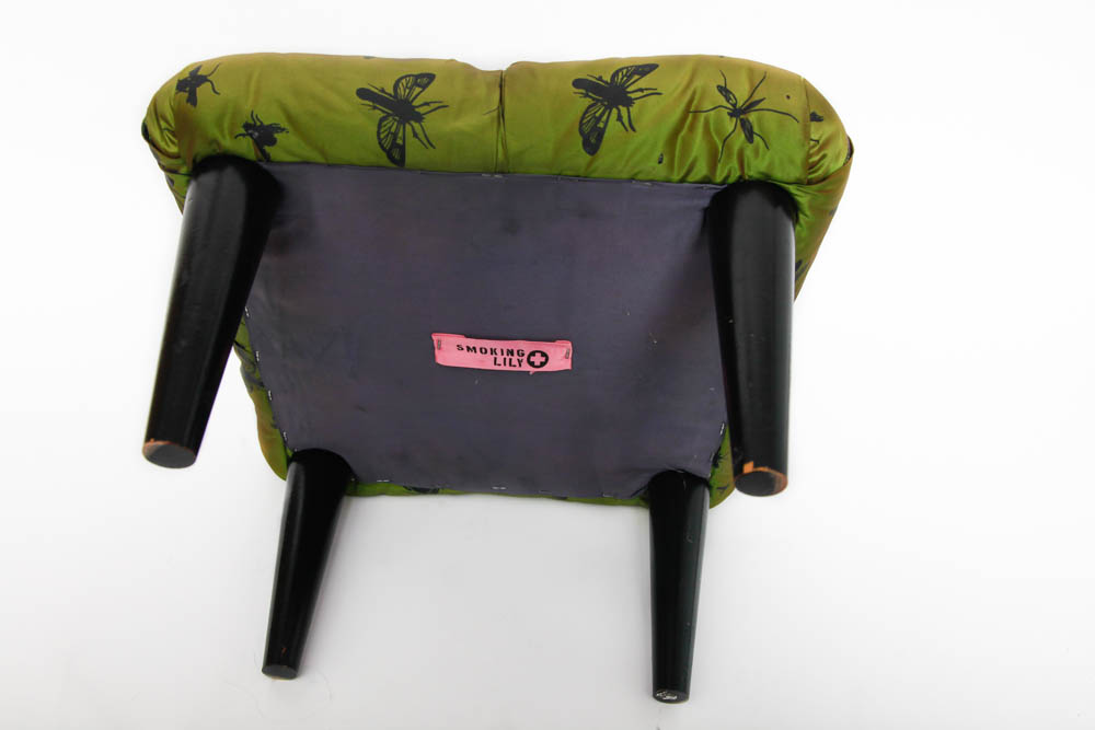 Upholstered Footstool With Insect Pattern Fabric