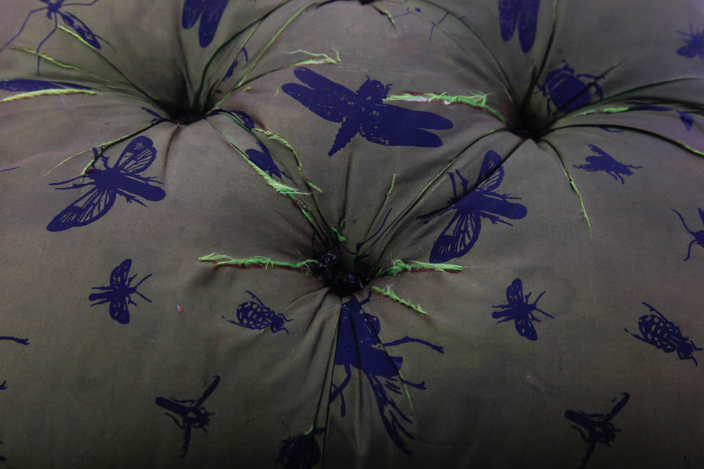 Upholstered Footstool With Insect Pattern Fabric
