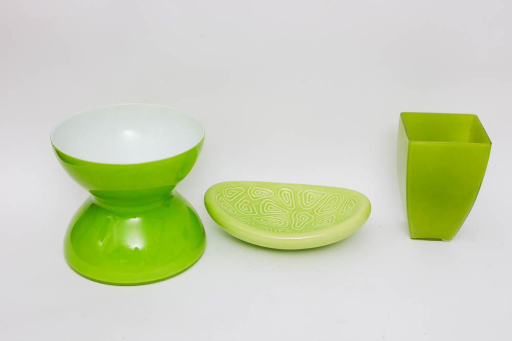 Trio of Lime Green Decorative Vases and Tray