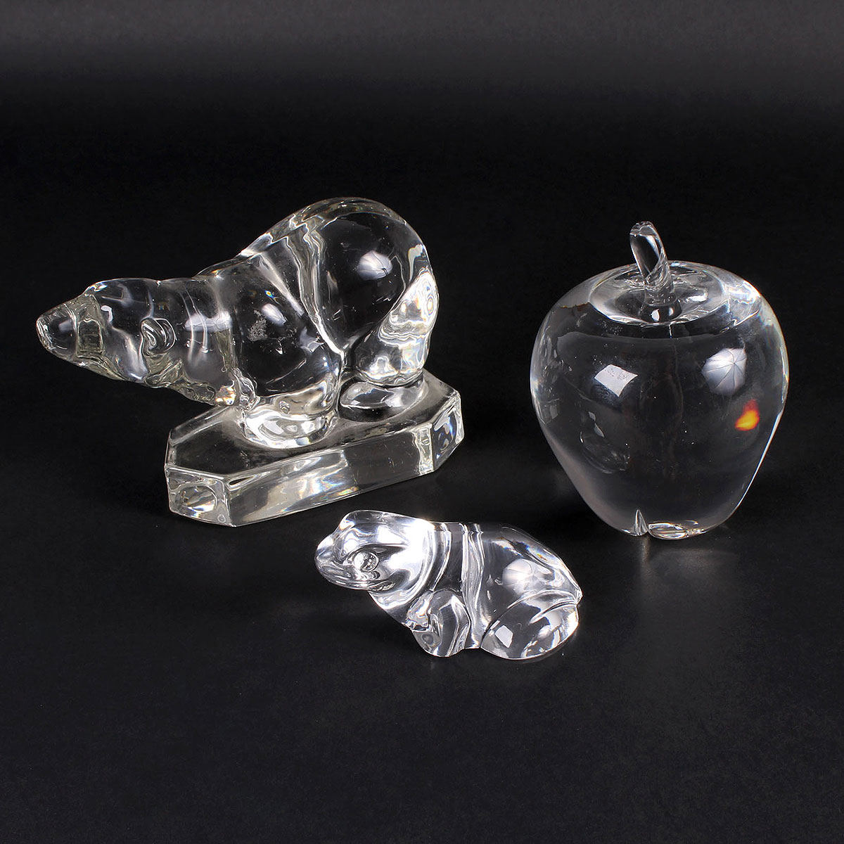 Steuben Glass Apple, Villeroy & Boch Frog, and a Glass Bear Sculpture