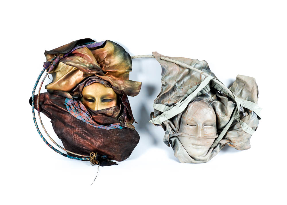 Dominique Caron Leather Art Mask Pair, Signed, Numbered, and Dated
