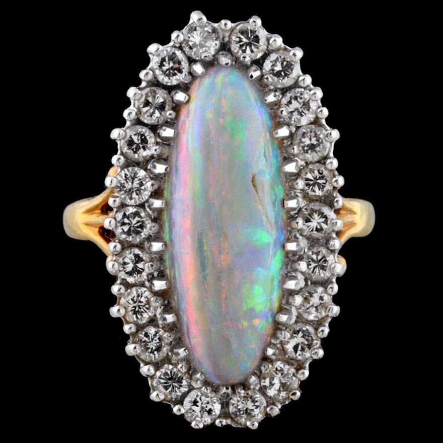 18K Yellow Gold Opal and Diamond Ring with 14K White Gold Head