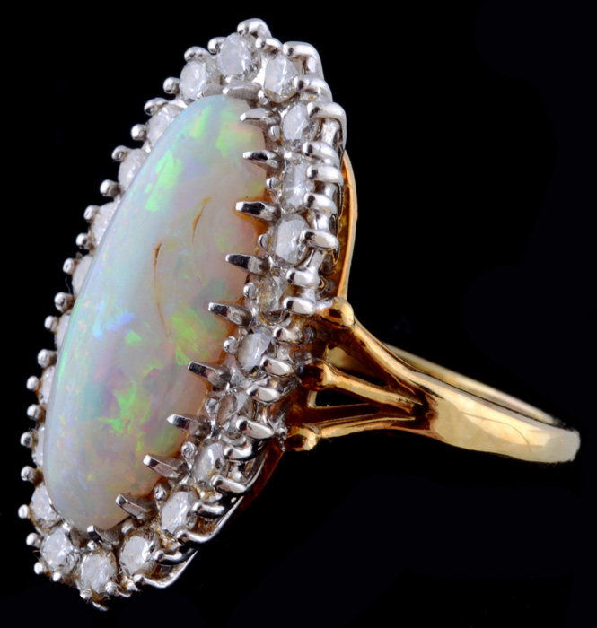 18K Yellow Gold Opal and Diamond Ring with 14K White Gold Head