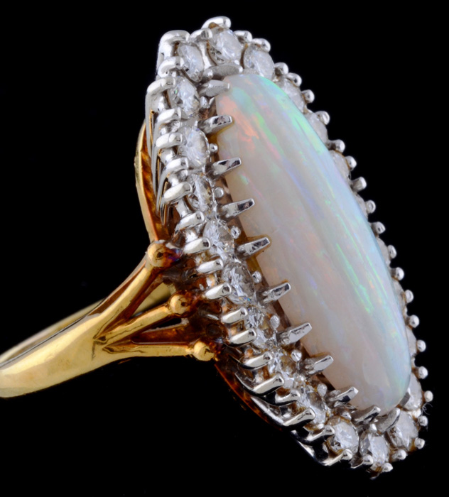 18K Yellow Gold Opal and Diamond Ring with 14K White Gold Head