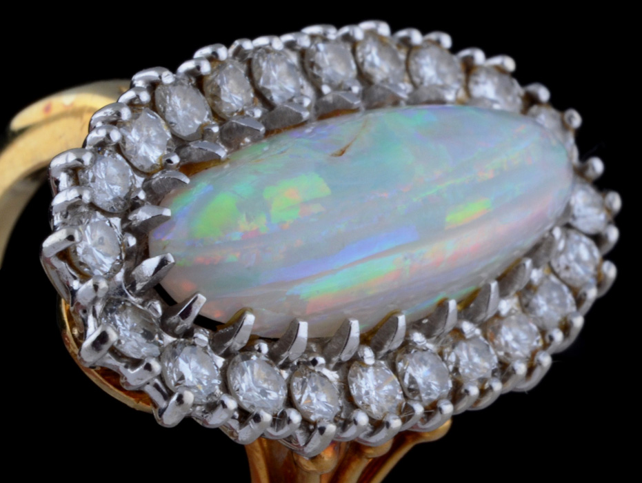18K Yellow Gold Opal and Diamond Ring with 14K White Gold Head