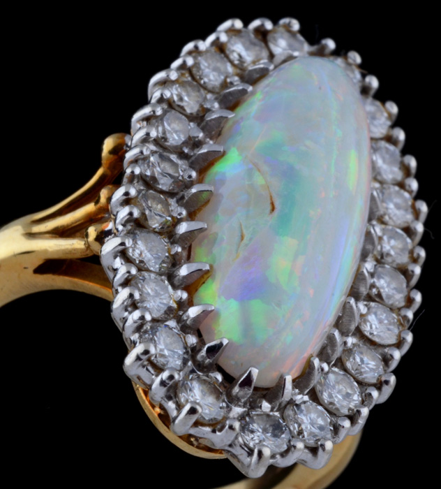 18K Yellow Gold Opal and Diamond Ring with 14K White Gold Head