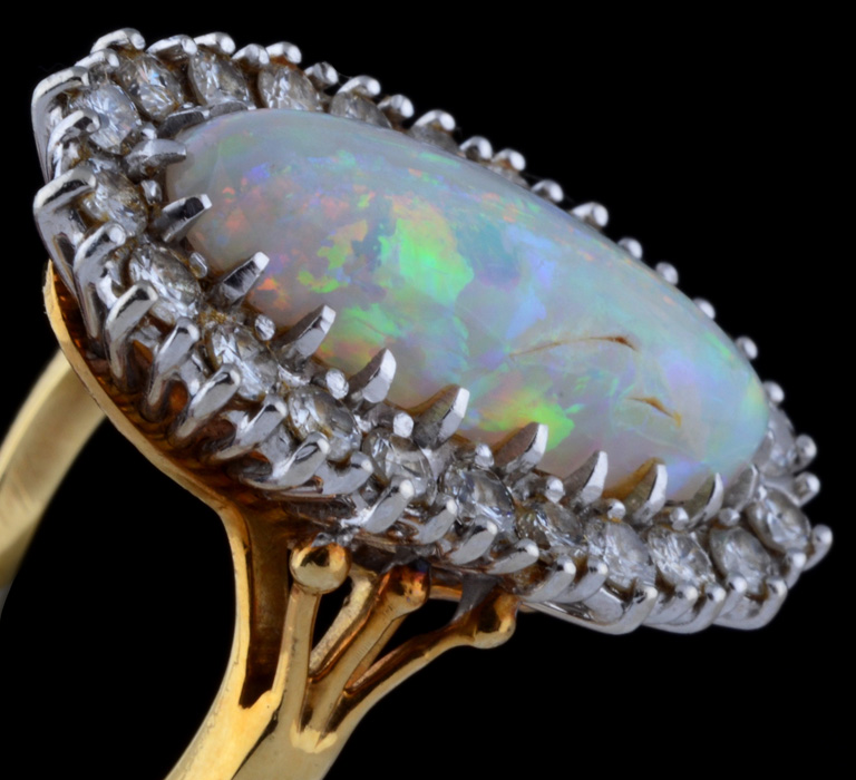 18K Yellow Gold Opal and Diamond Ring with 14K White Gold Head