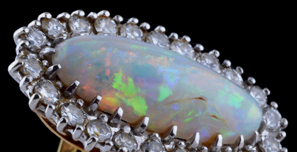 18K Yellow Gold Opal and Diamond Ring with 14K White Gold Head