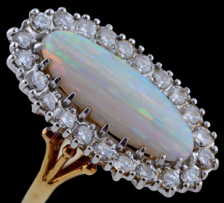 18K Yellow Gold Opal and Diamond Ring with 14K White Gold Head