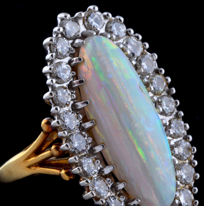 18K Yellow Gold Opal and Diamond Ring with 14K White Gold Head