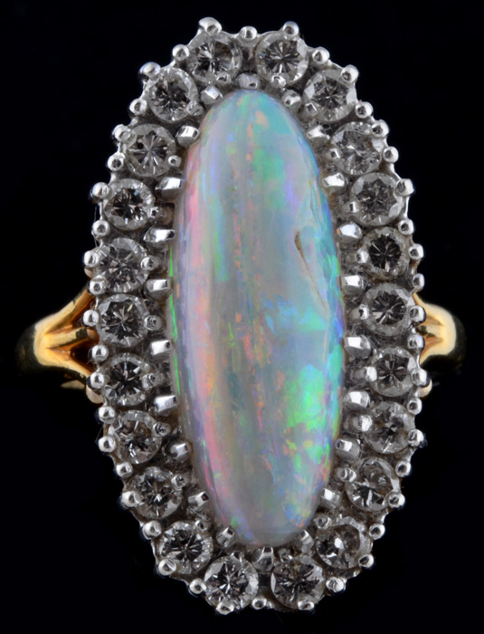 18K Yellow Gold Opal and Diamond Ring with 14K White Gold Head