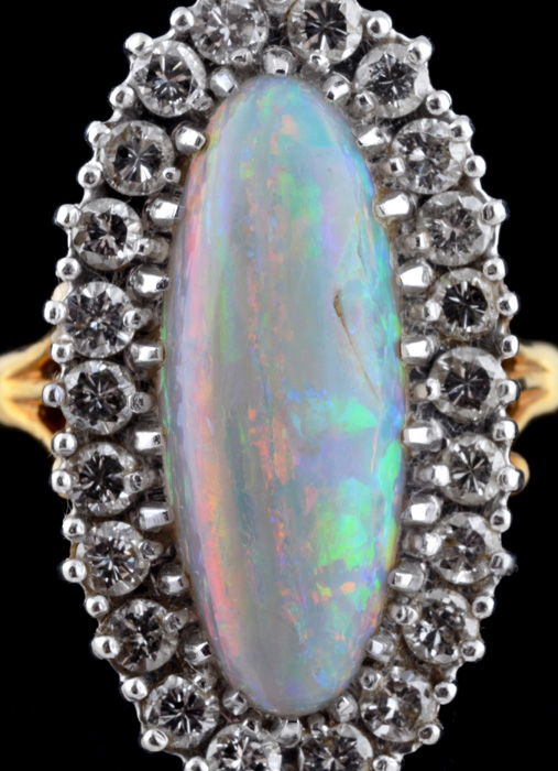 18K Yellow Gold Opal and Diamond Ring with 14K White Gold Head