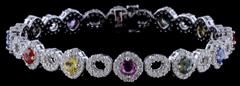 18K White Gold Multi-Color Sapphire and Diamond Bracelet