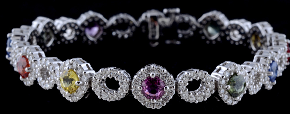 18K White Gold Multi-Color Sapphire and Diamond Bracelet