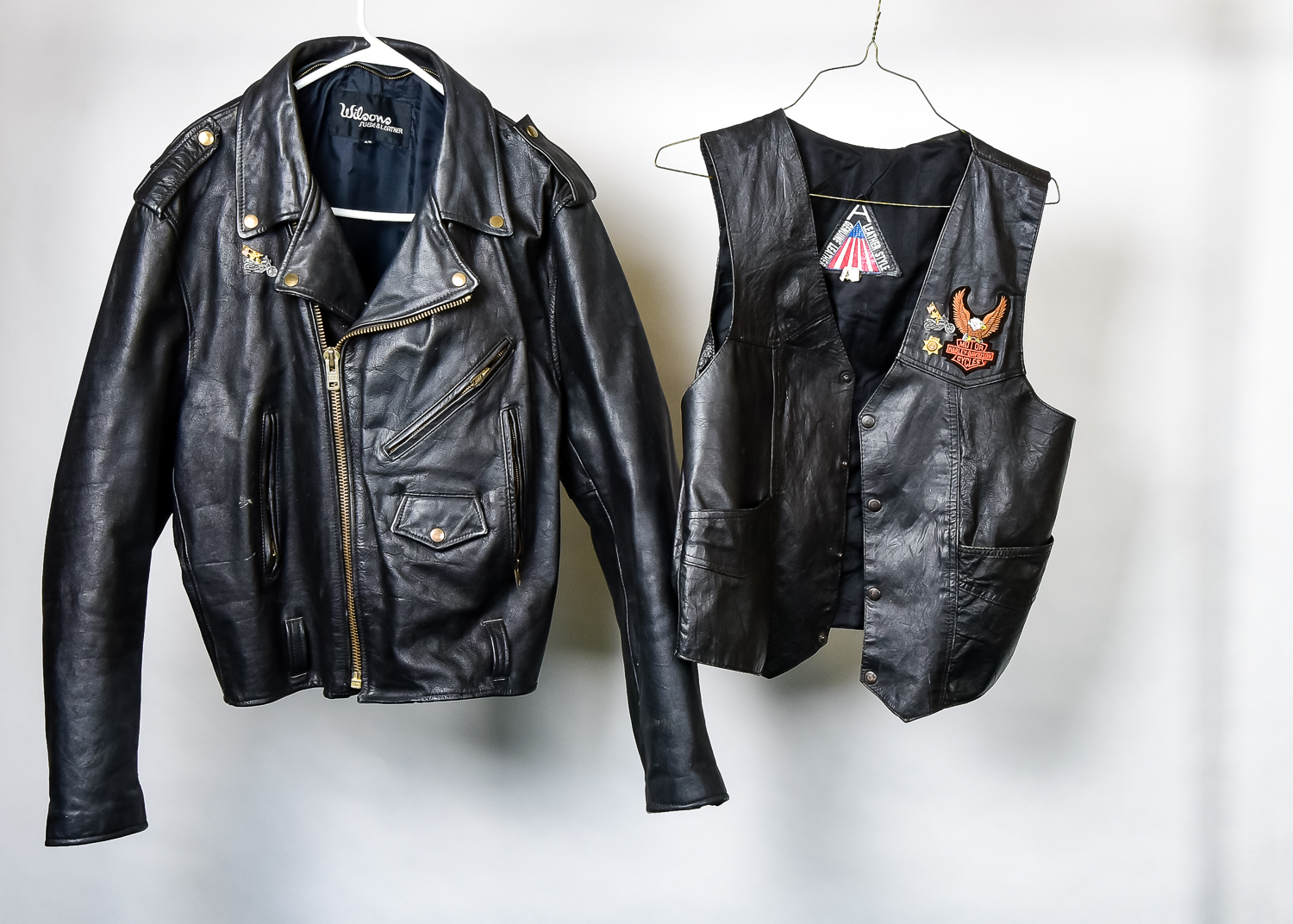 Leather Jacket and Vest with Harley Davidson Patches