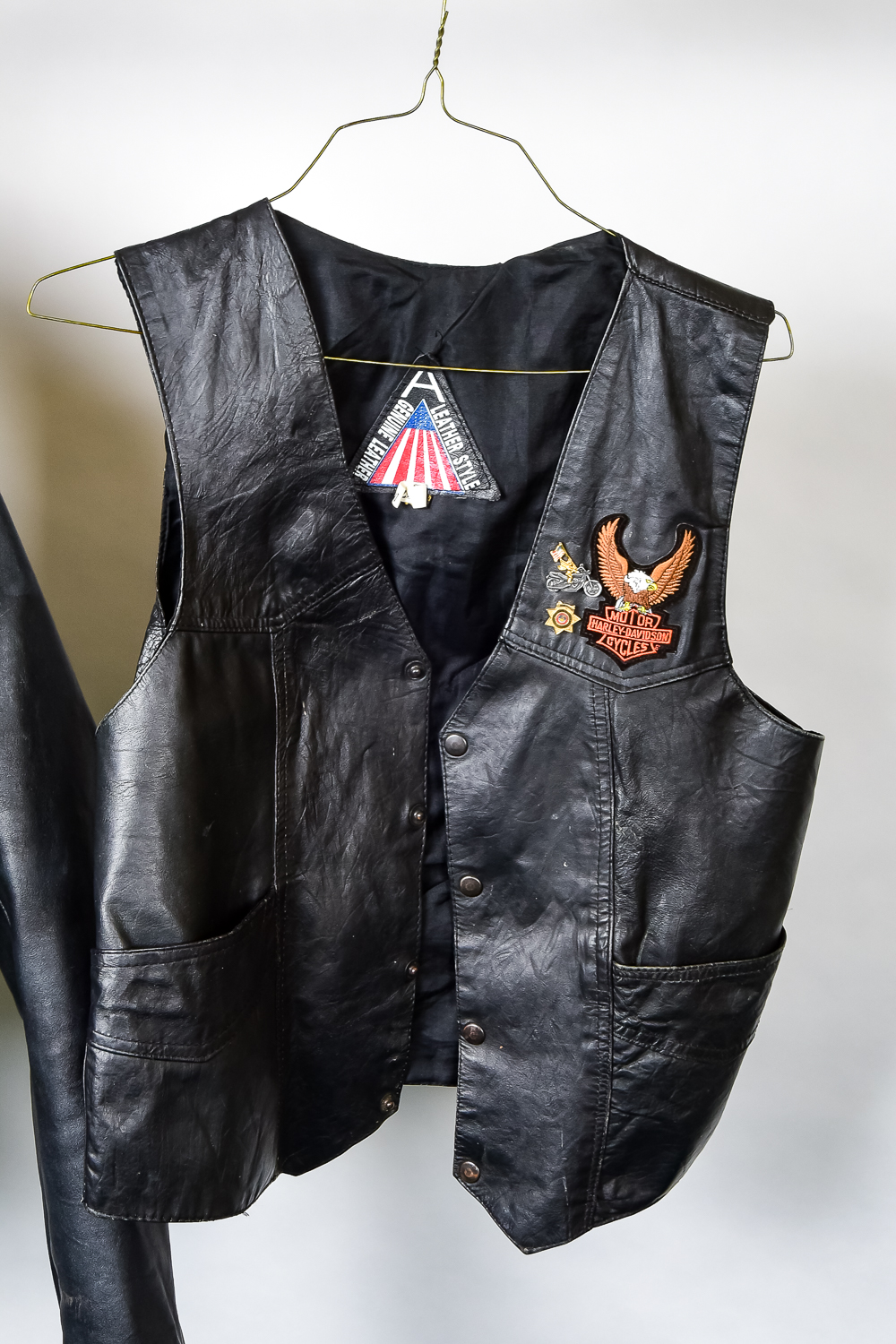Leather Jacket and Vest with Harley Davidson Patches
