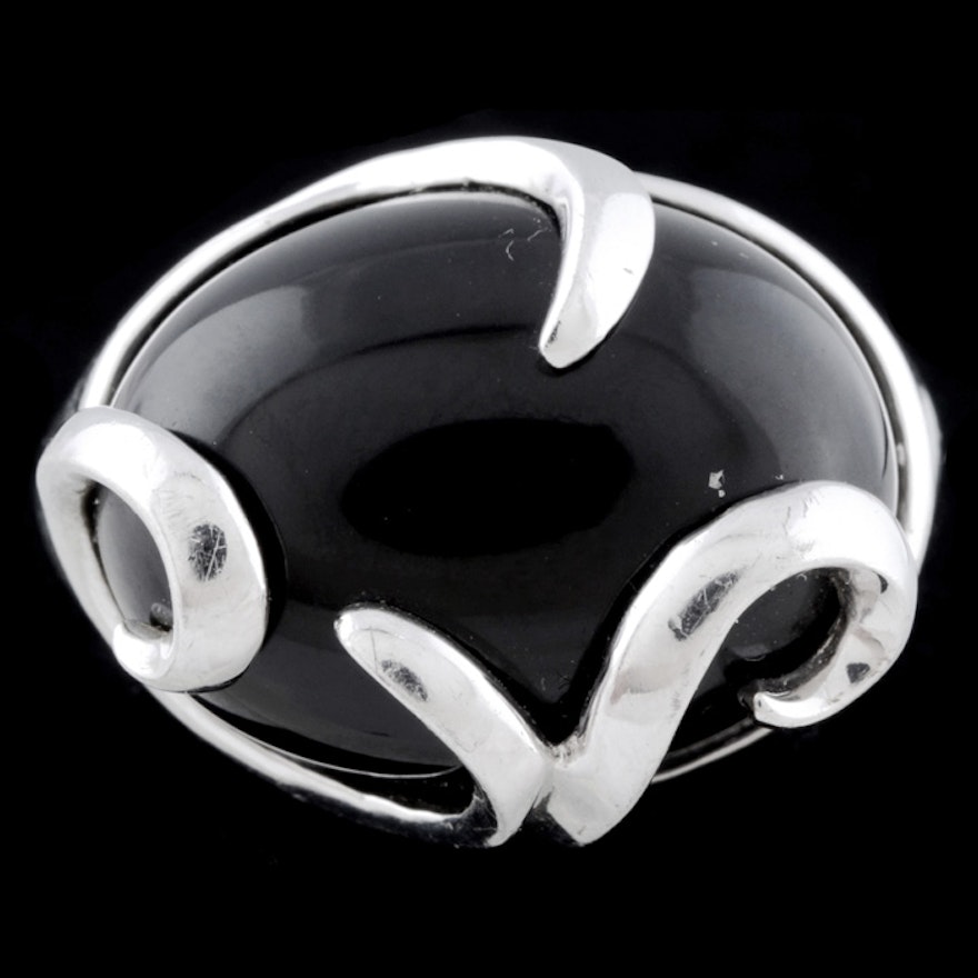 Sculptural Sterling Silver and Black Onyx Ring with Scrolls