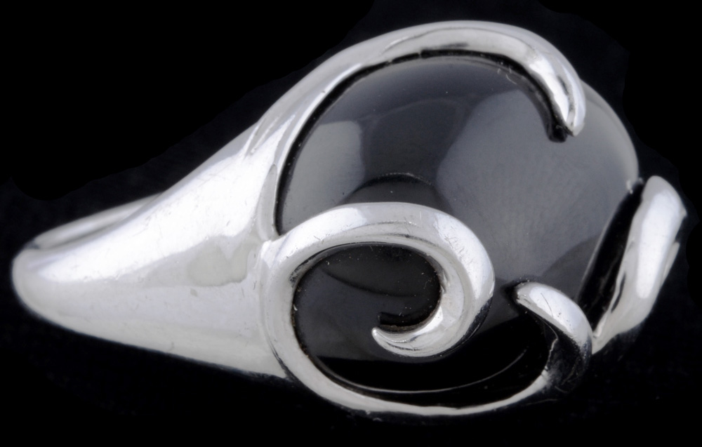 Sculptural Sterling Silver and Black Onyx Ring with Scrolls