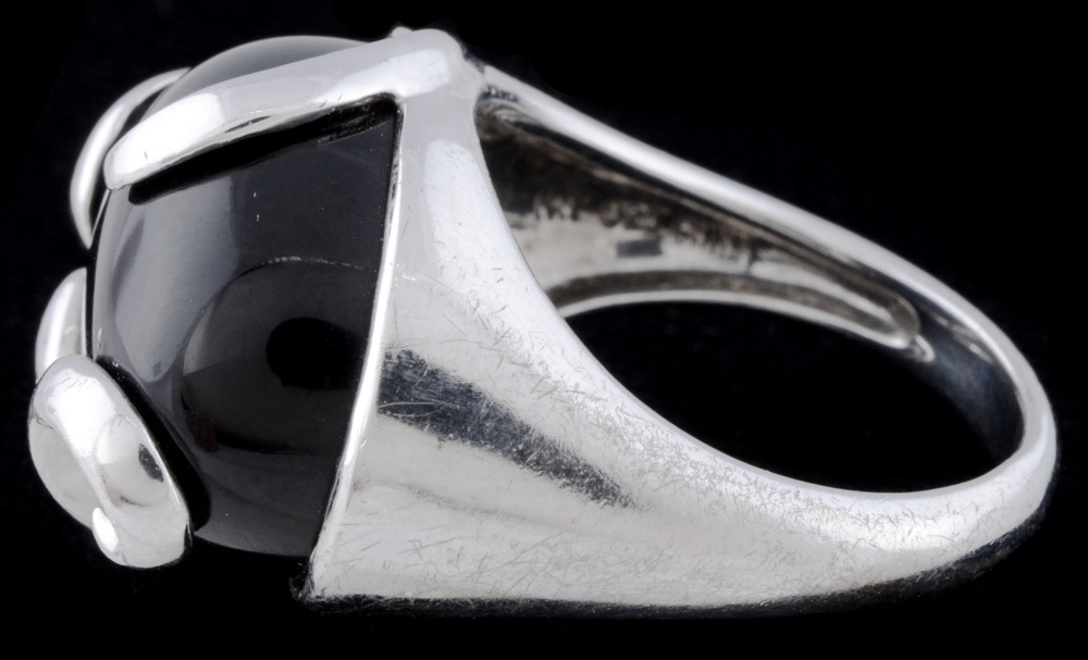 Sculptural Sterling Silver and Black Onyx Ring with Scrolls