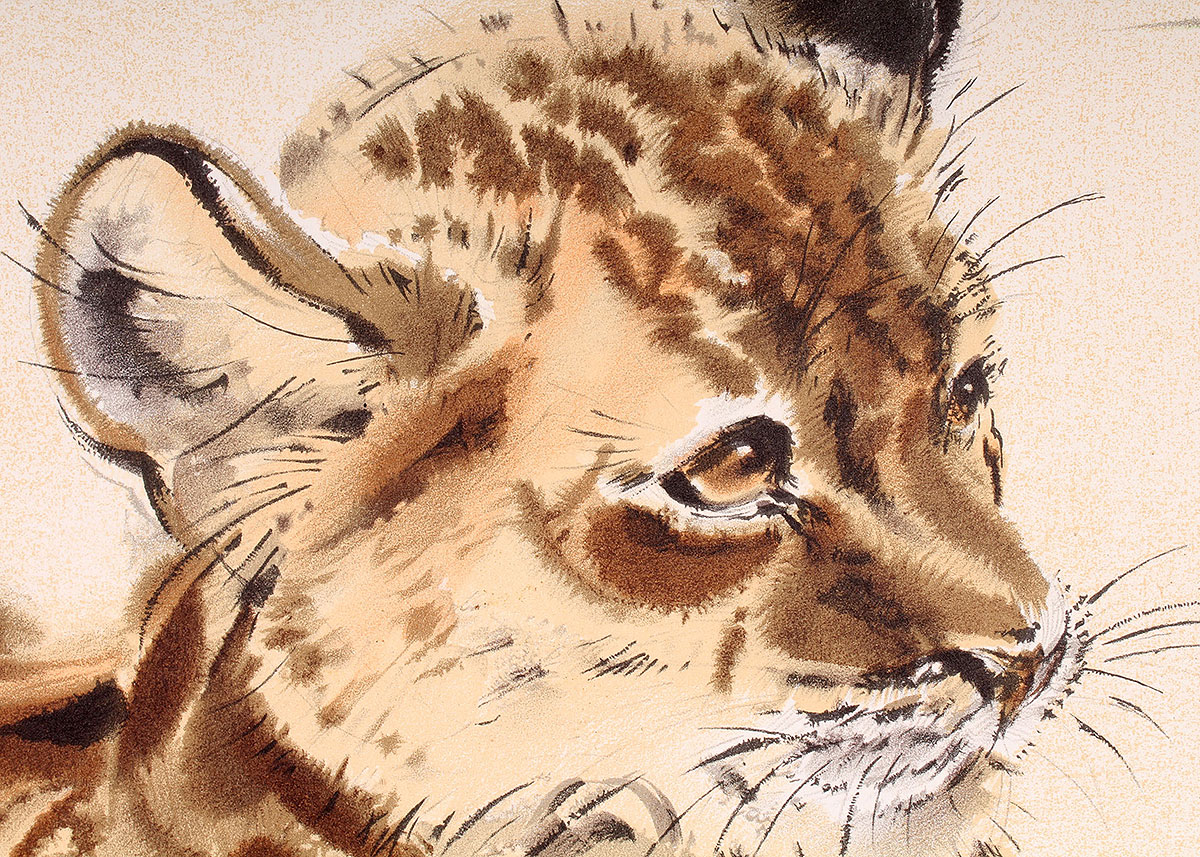 Lithograph Reproduction Print of Ralph Thompson Lion Cub Watching Praying Mantis