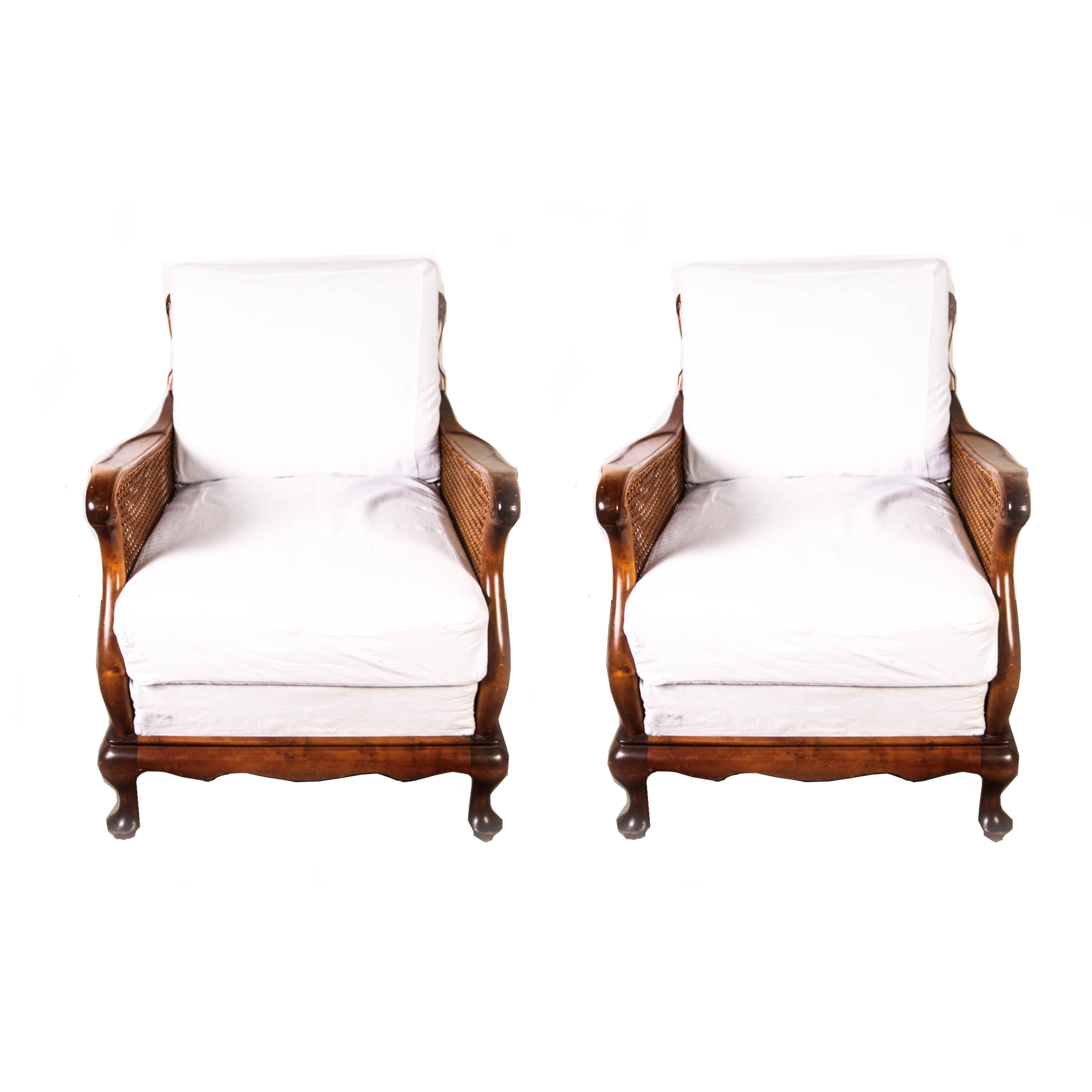 Vintage Cane Lounge Chairs with White Slip Covered Cushions