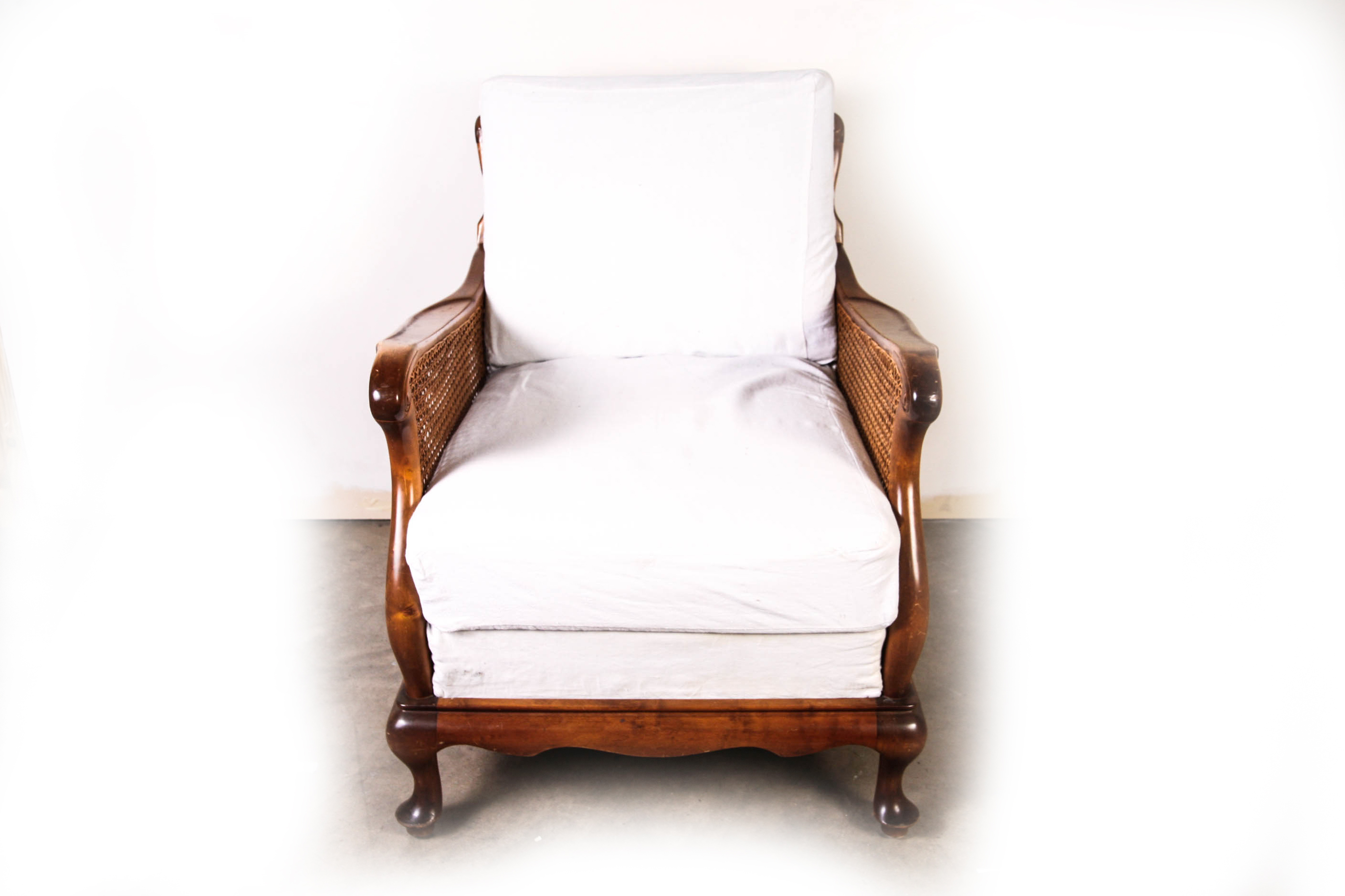 Vintage Cane Lounge Chairs with White Slip Covered Cushions
