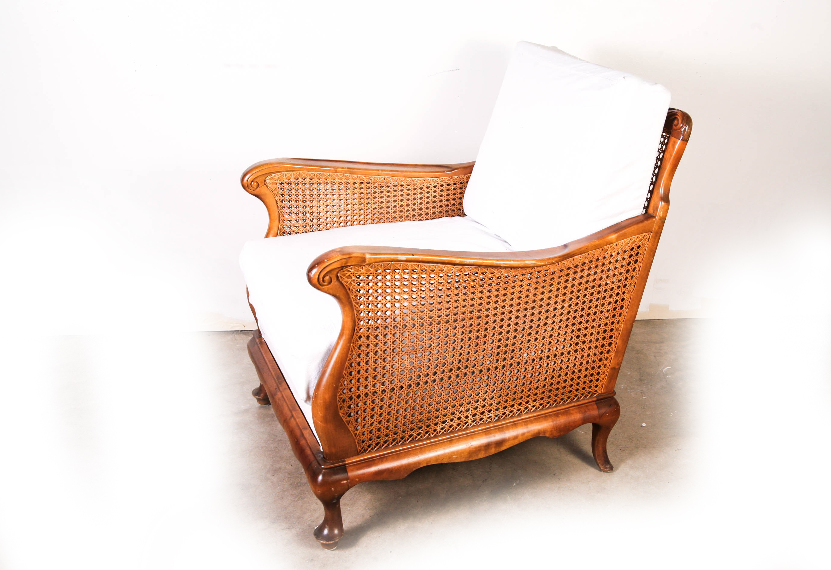 Vintage Cane Lounge Chairs with White Slip Covered Cushions