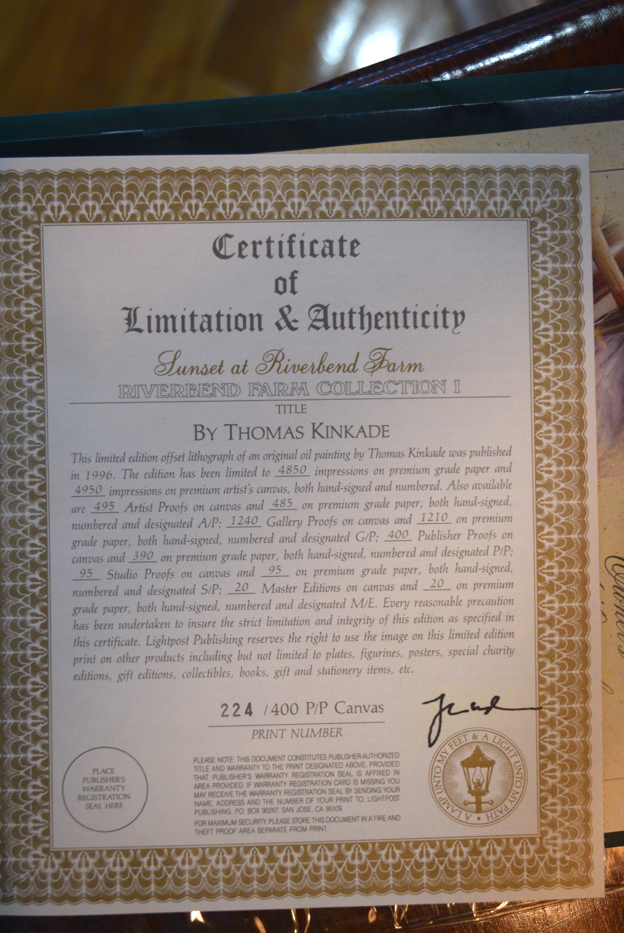 Thomas Kinkade 'Sunset at Riverbend Farm' Signed Limited Edition Lithograph on Canvas