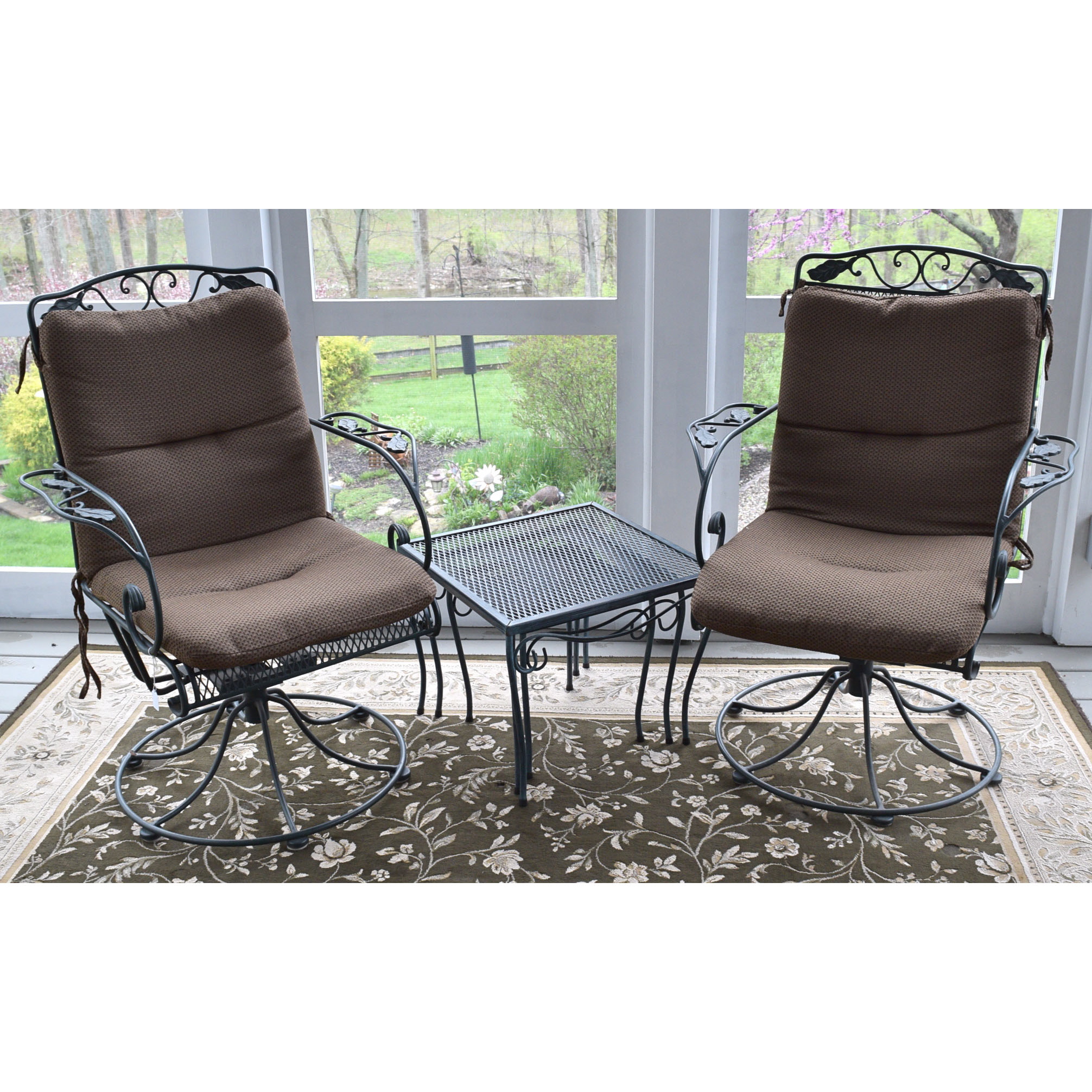 Woodard Wrought Iron Swivel Rocking Chairs and Nesting Tables