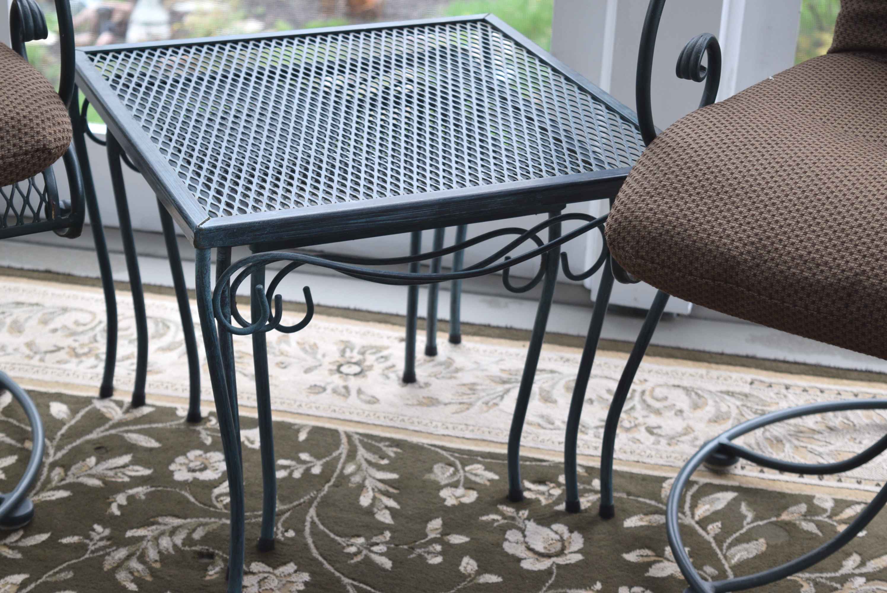 Woodard Wrought Iron Swivel Rocking Chairs and Nesting Tables