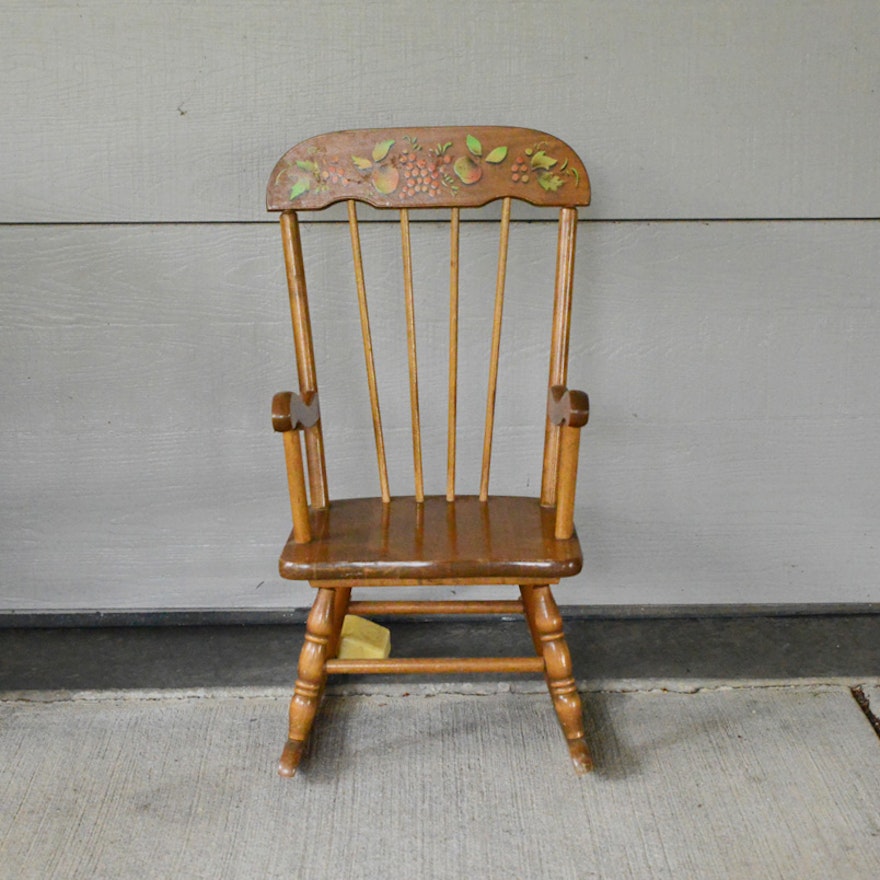 Vintage Hitchcock Style Wooden Children's Rocking Chair with Music Box